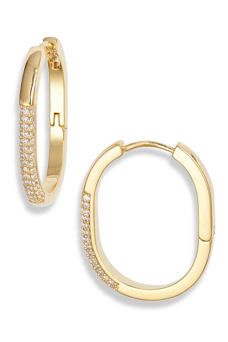 Pavé Cubic Zirconia Elongated Hoop Earrings, Main, color, CLEAR- GOLD