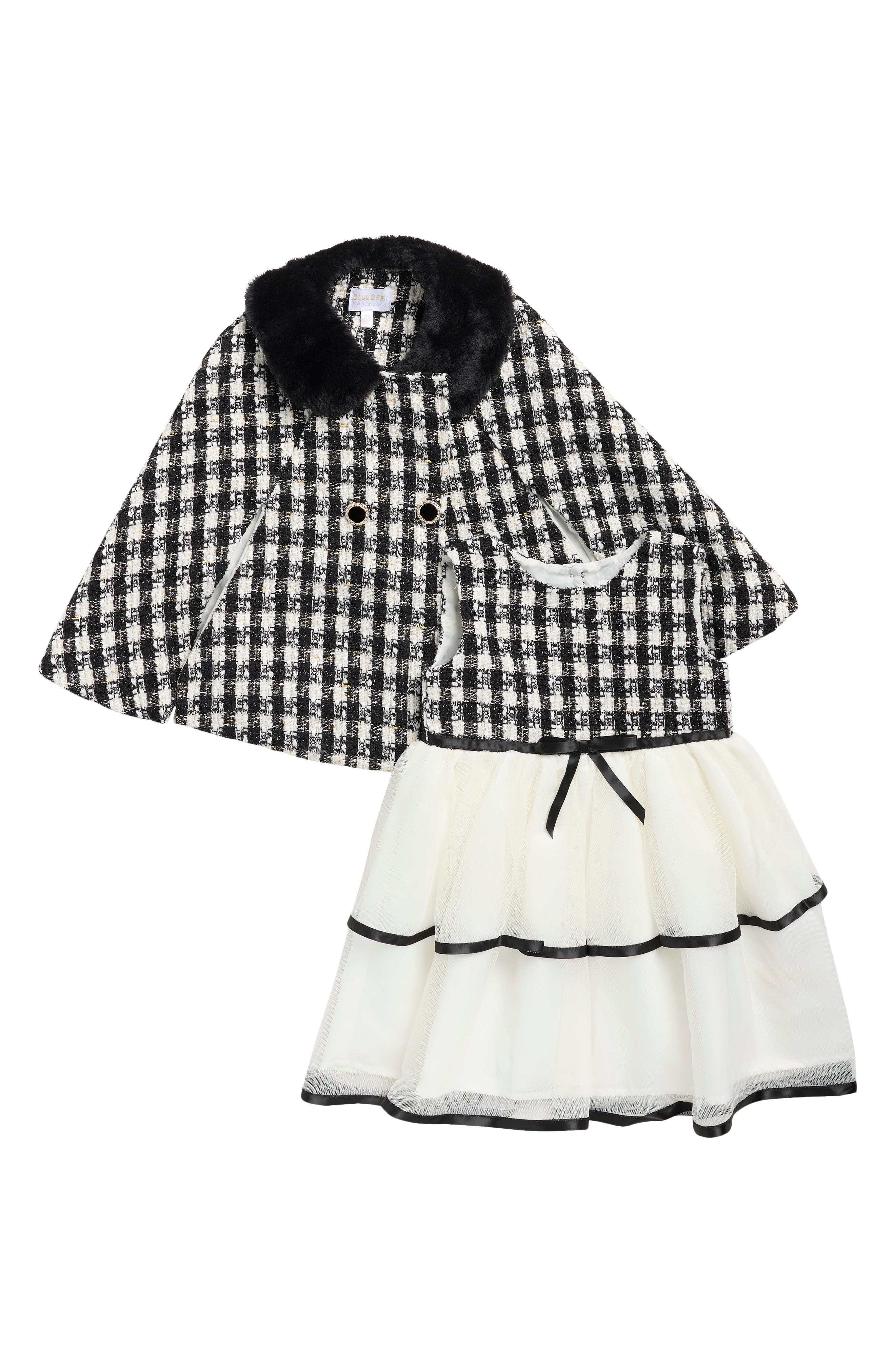 Kids' Houndstooth Boucle Poncho & Tiered Tulle Dress Set
