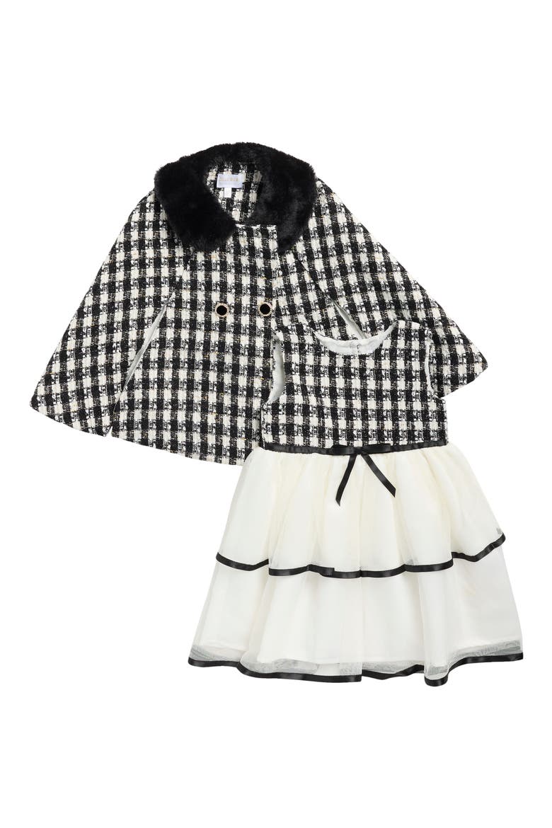 Kids' Houndstooth Boucle Poncho & Tiered Tulle Dress Set, Main, color, CREAM