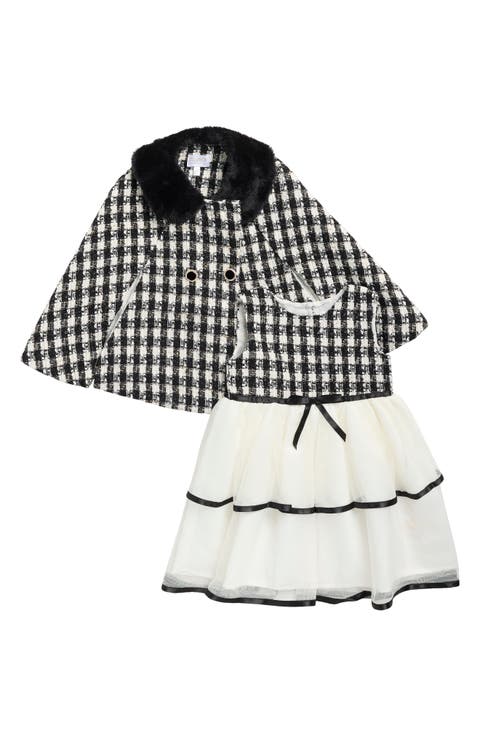 Kids' Houndstooth Boucle Poncho & Tiered Tulle Dress Set