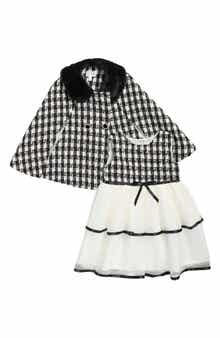 Kids' Houndstooth Boucle Poncho & Tiered Tulle Dress Set