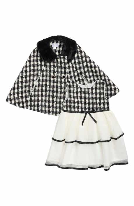 Kids' Houndstooth Boucle Poncho & Tiered Tulle Dress Set