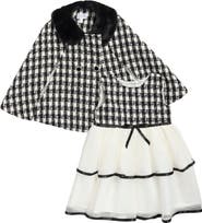 BLUEBERI boulevard Kids' Houndstooth Boucle Poncho & Tiered Tulle Dress Set