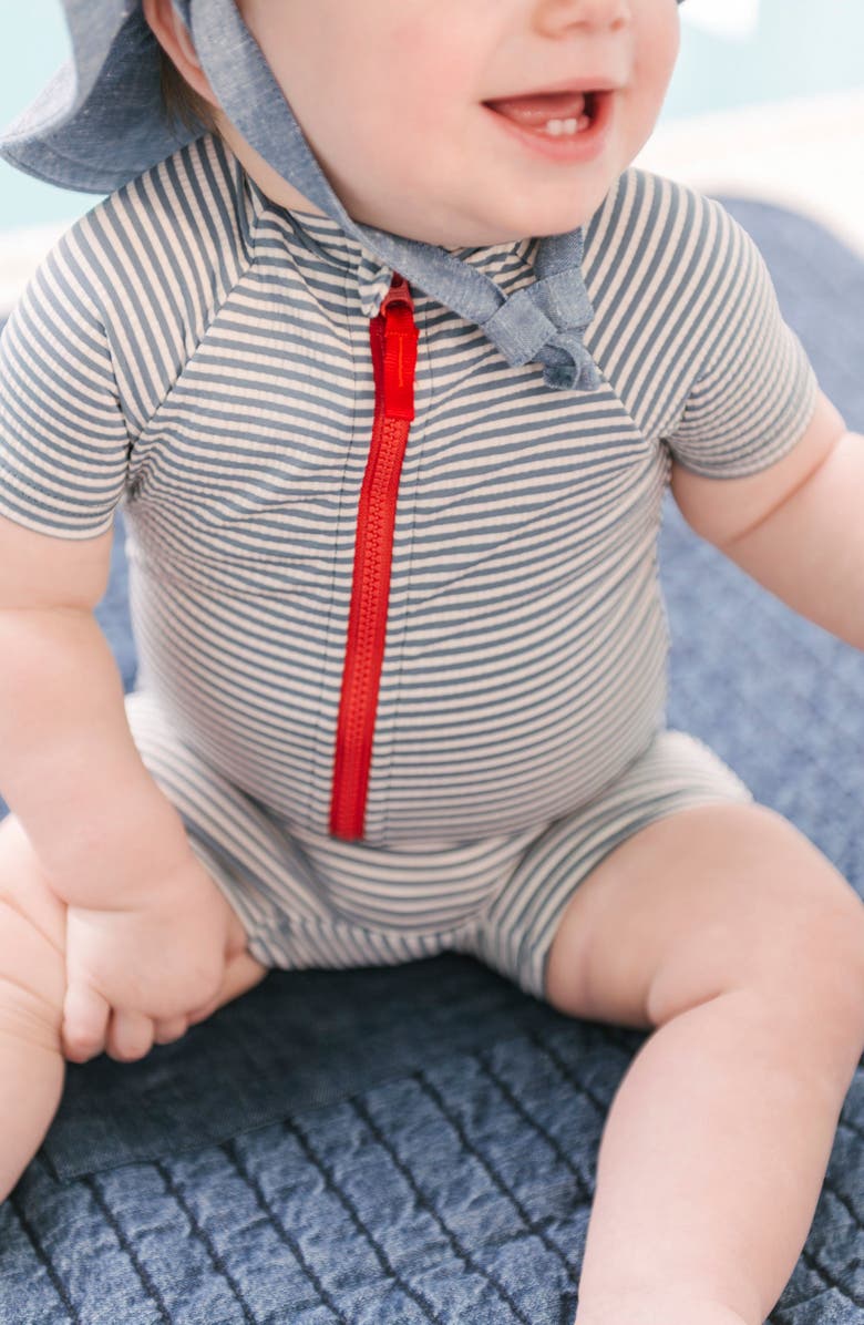 Pehr Kids' Short Sleeve One-Piece Rashguard Swimsuit, Alternate, color, Seersucker Ink