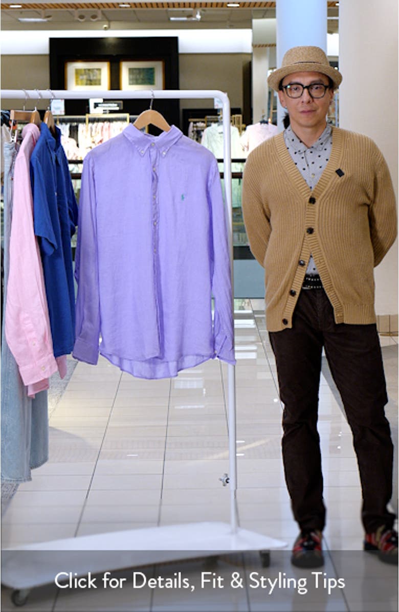 Classic Fit Solid Purple Linen Button-Down Shirt, sales video thumbnail