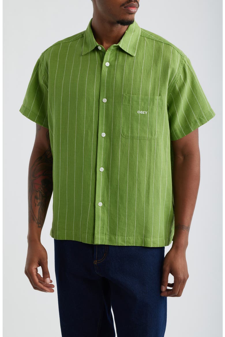 Joe Stripe Short Sleeve Button-Up Shirt, Main, color, PIQUANT GREEN MULTI