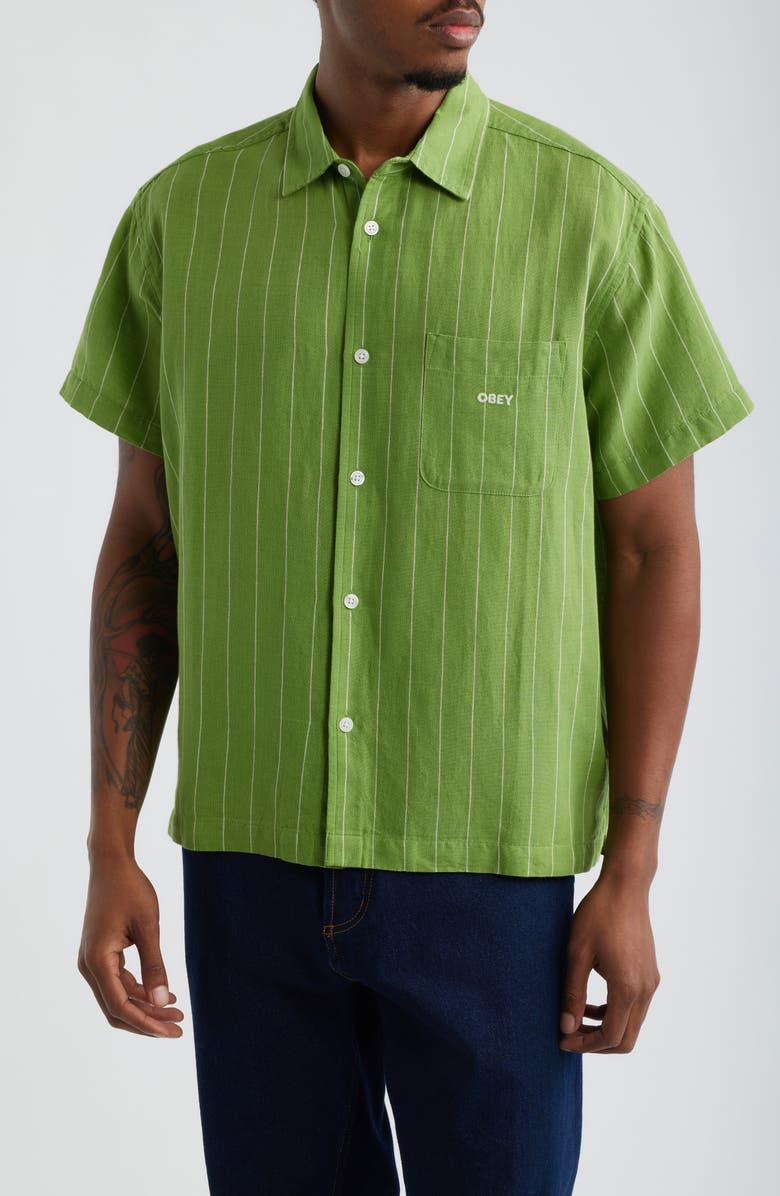 Obey Joe Stripe Short Sleeve Button-Up Shirt, Main, color, Piquant Green Multi