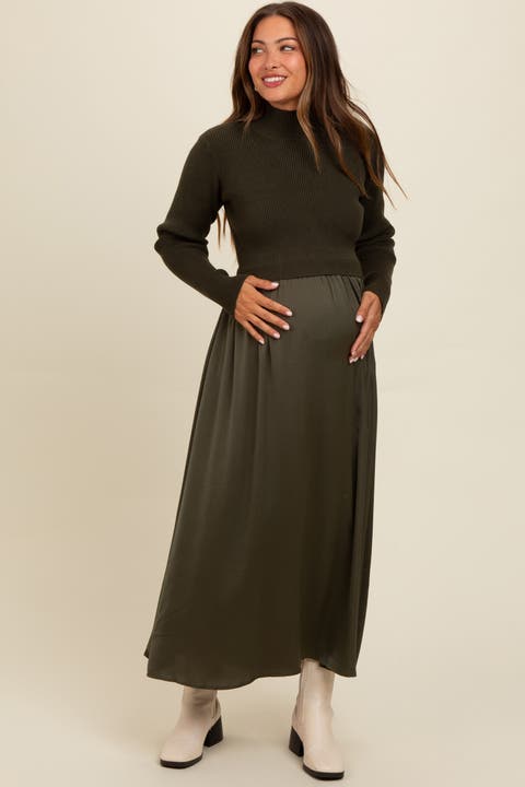 Knit Contrast Top Satin Midi Dress