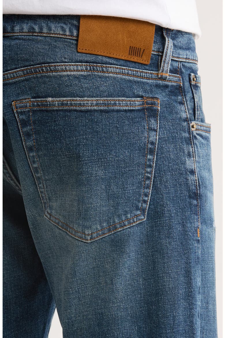 Regular Fit Distressed Tapered Stretch Cotton Jeans, Alternate, color, NAVY