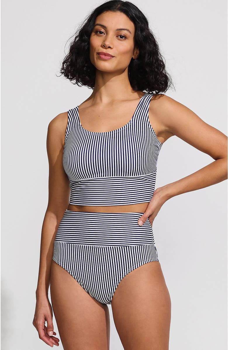 Lands' End Tugless Tankini Top and High Waisted Bottom Swimsuit Set, Main, color, Deep Sea Navy Mini Stripe