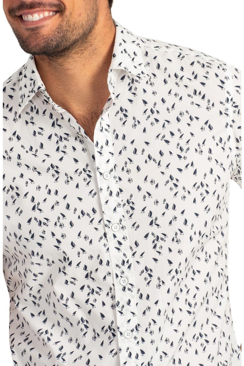 Richmond Bay Sports Fit Sailboat Print Short Sleeve Button-Up Shirt, Alternate, color, SNOW
