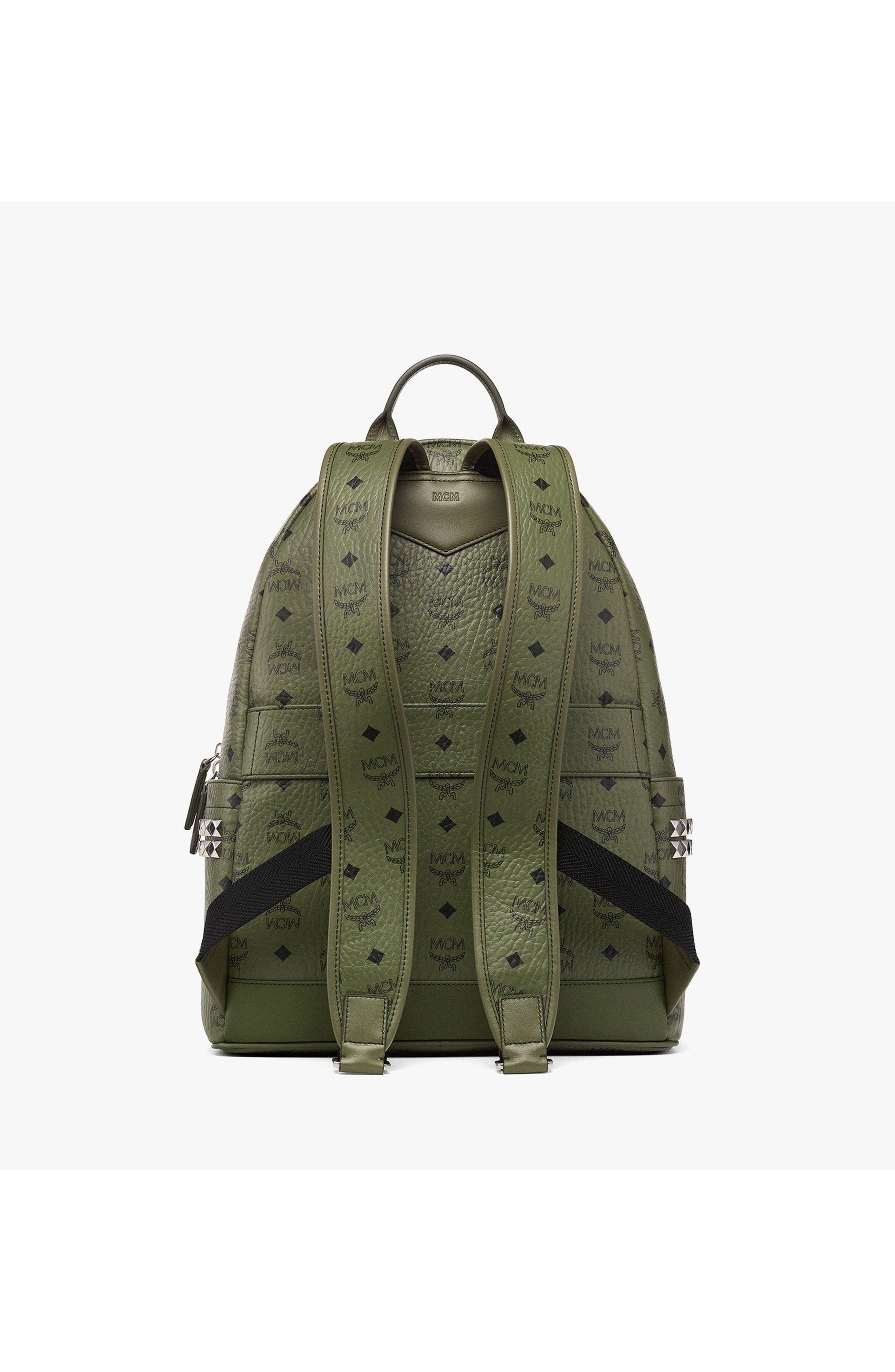 MCM Stark Side Studs Backpack in Visetos, Alternate, color, Khaki Moss