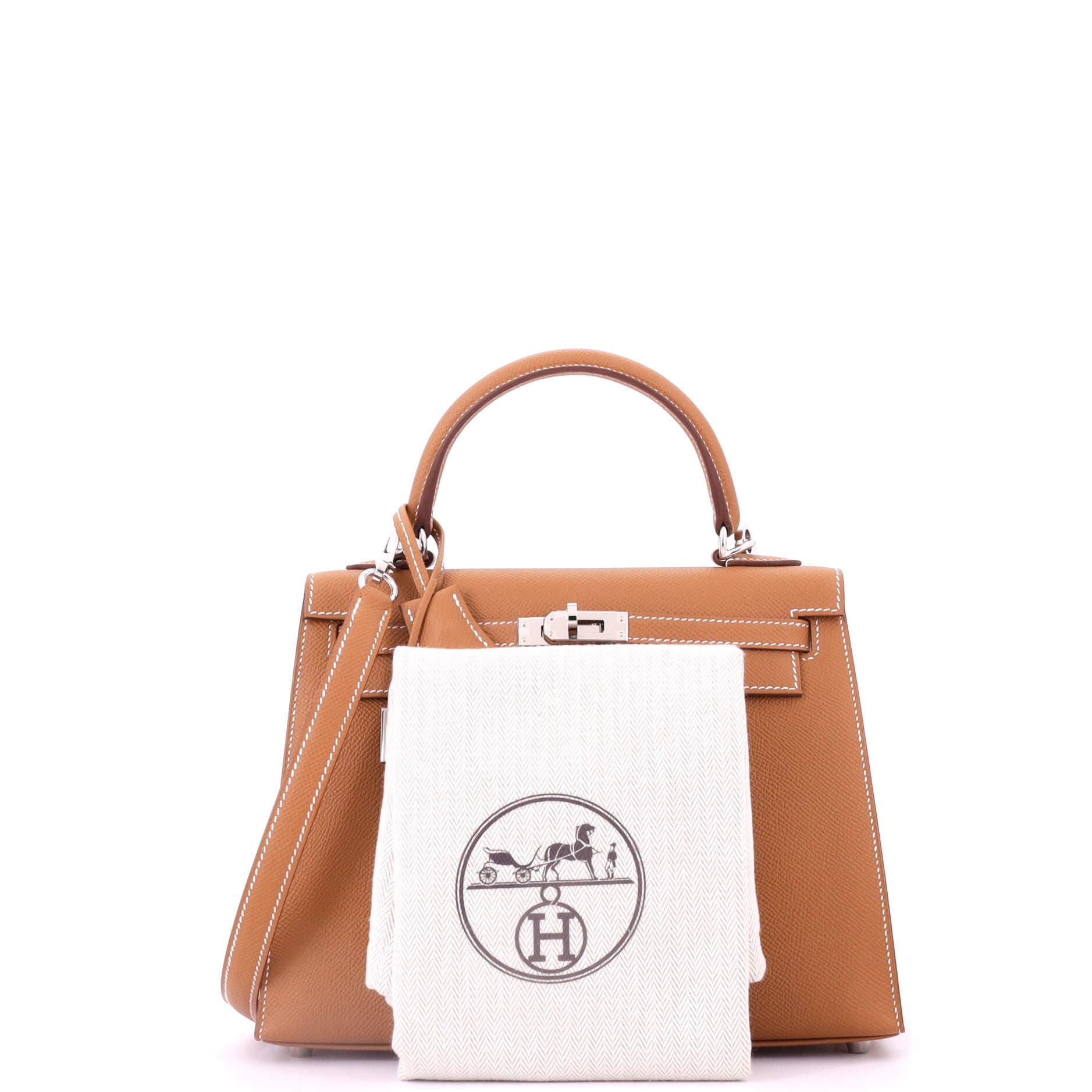 Pre-Owned Hermes Kelly Handbag Brown Epsom with Palladium Hardware 25, Alternate, color, Gold