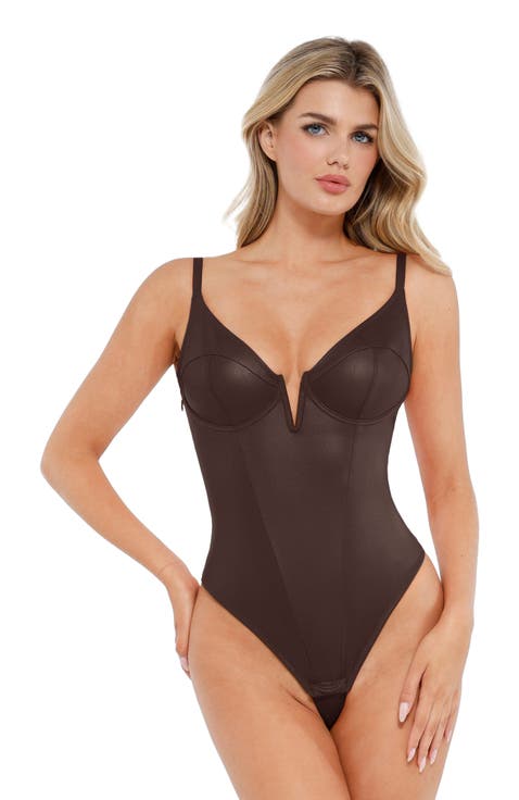 Shapewear Faux Leather Plunging V Sculpting Corset Bodysuit