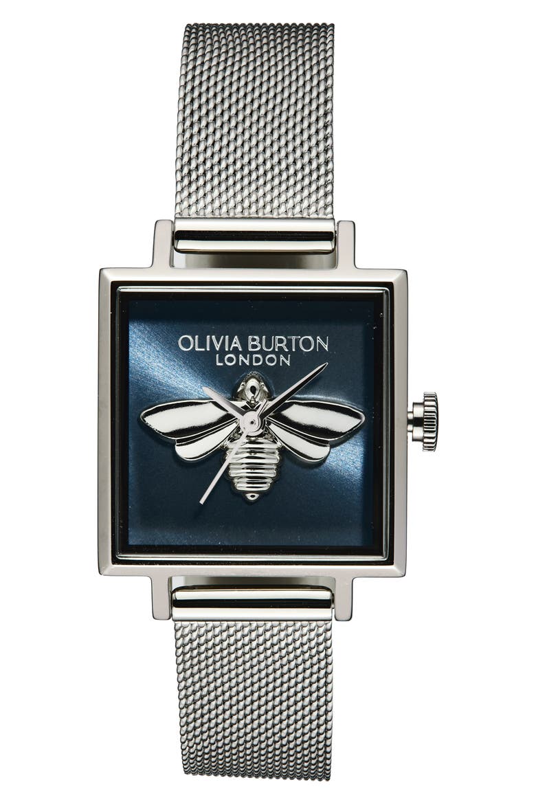 Square Lucky Bee Mesh Strap Watch, 23mm, Main, color, BLACK