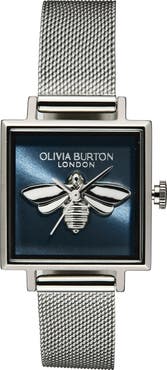 Olivia Burton Square Lucky Bee Mesh Strap Watch, 23mm