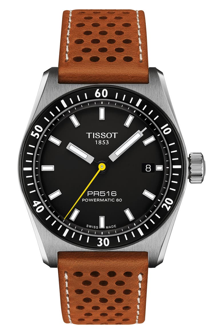 PR516 Powermatic 80 Automatic Leather Strap Watch, 38mm, Main, color, BLACK