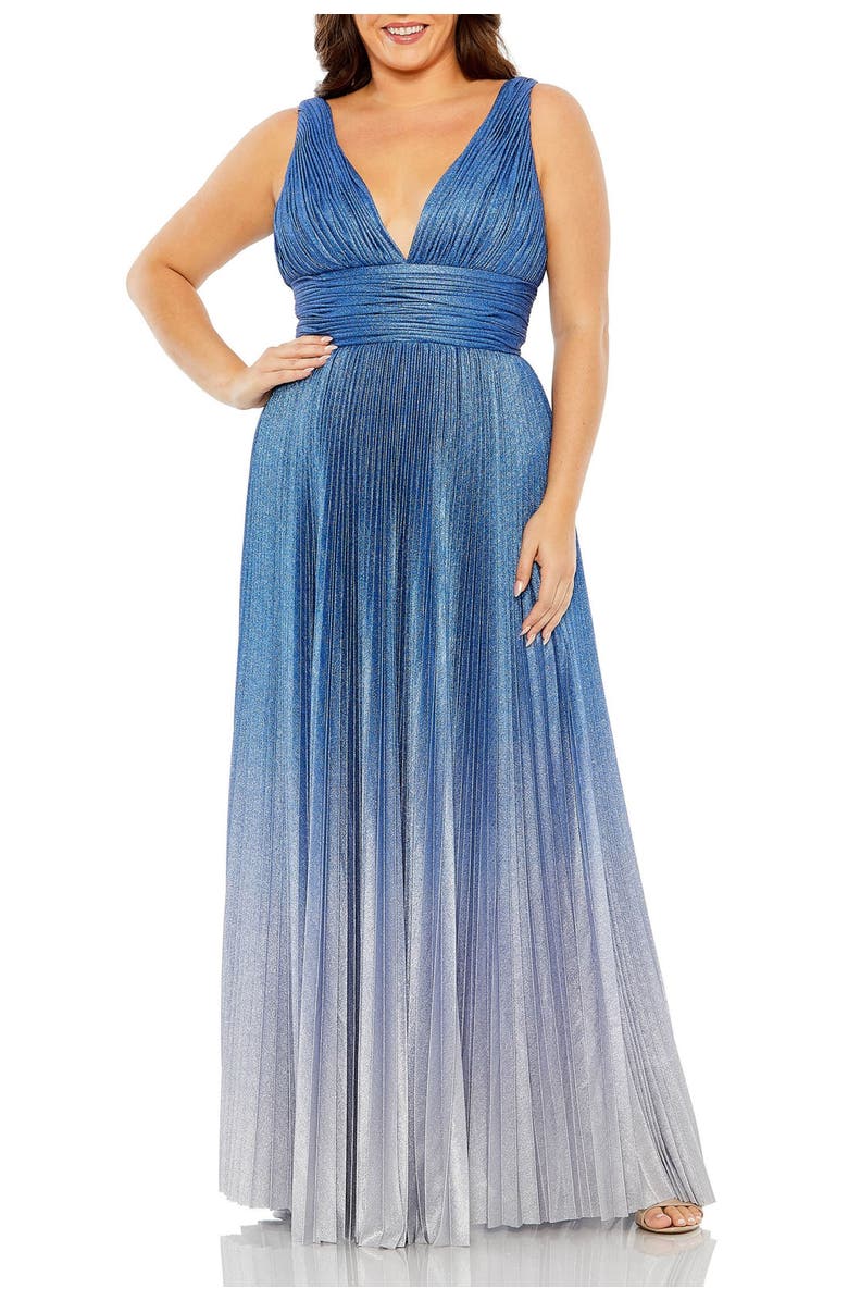 Mac Duggal V-Neckline Ombre Pleated Gown, Main, color, Sapphire Ombre