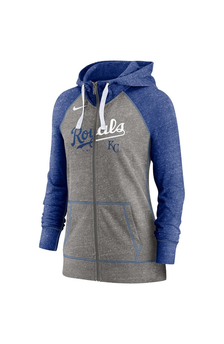 Nike Women's Nike Heather Charcoal/Heather Royal Kansas City Royals Split Wordmark Gym Vintage Raglan Lightweight Full-Zip Hoodie, Alternate, color, Heather Charcoal