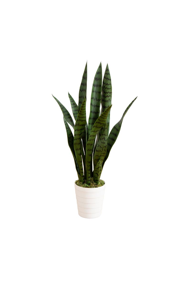 NEARLY NATURAL 2-ft UV Resistant Artificial Sansevieria Snake Plant in White Decorative Planter, Main, color, Green
