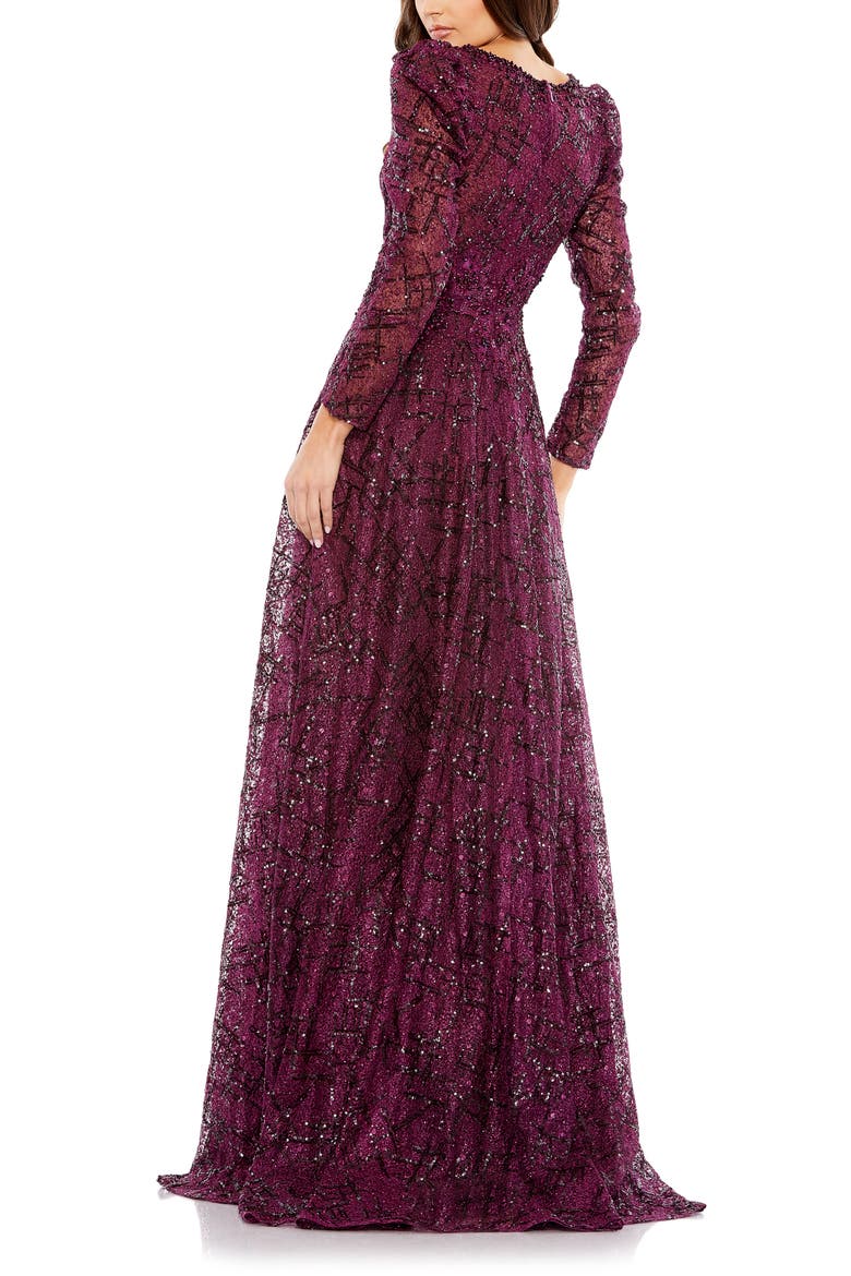 Embellished V Neck Long Sleeve A Line Gown, Alternate, color, PLUM