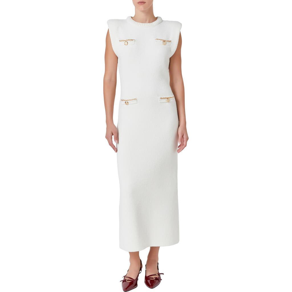 Shop Endless Rose Knit Padded Shoulder Maxi Dress In Cream