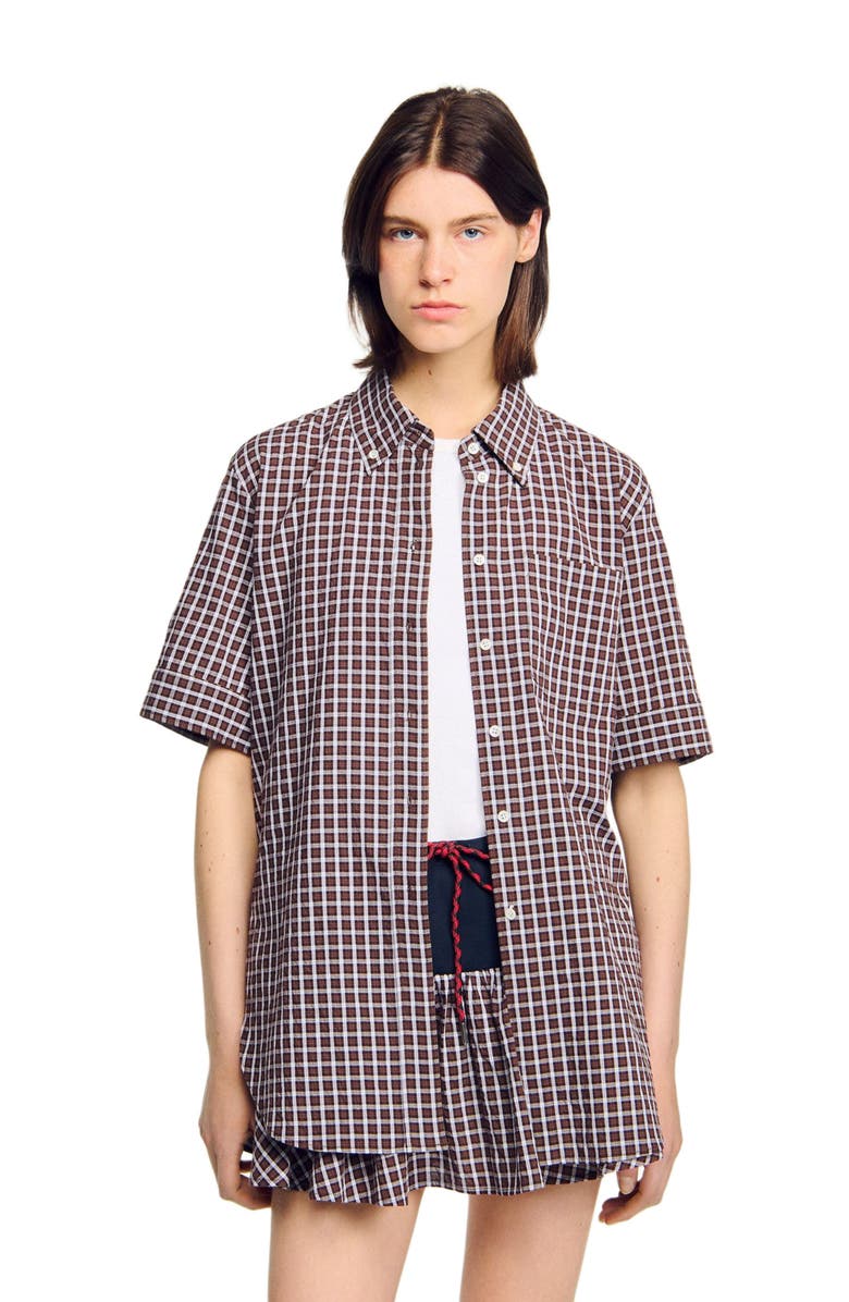 SANDRO Oversized checkered shirt, Alternate, color, Brown