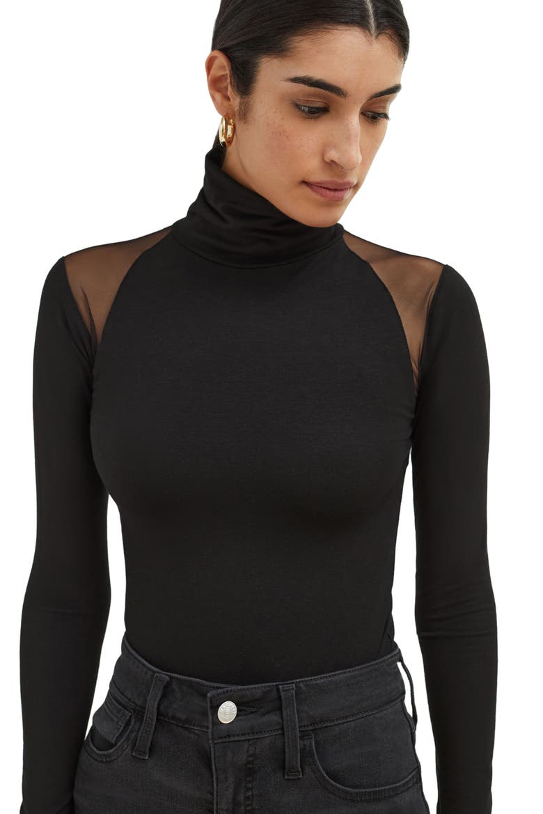 Maria Mesh Panel Jersey Turtleneck Top, Alternate, color, BLACK