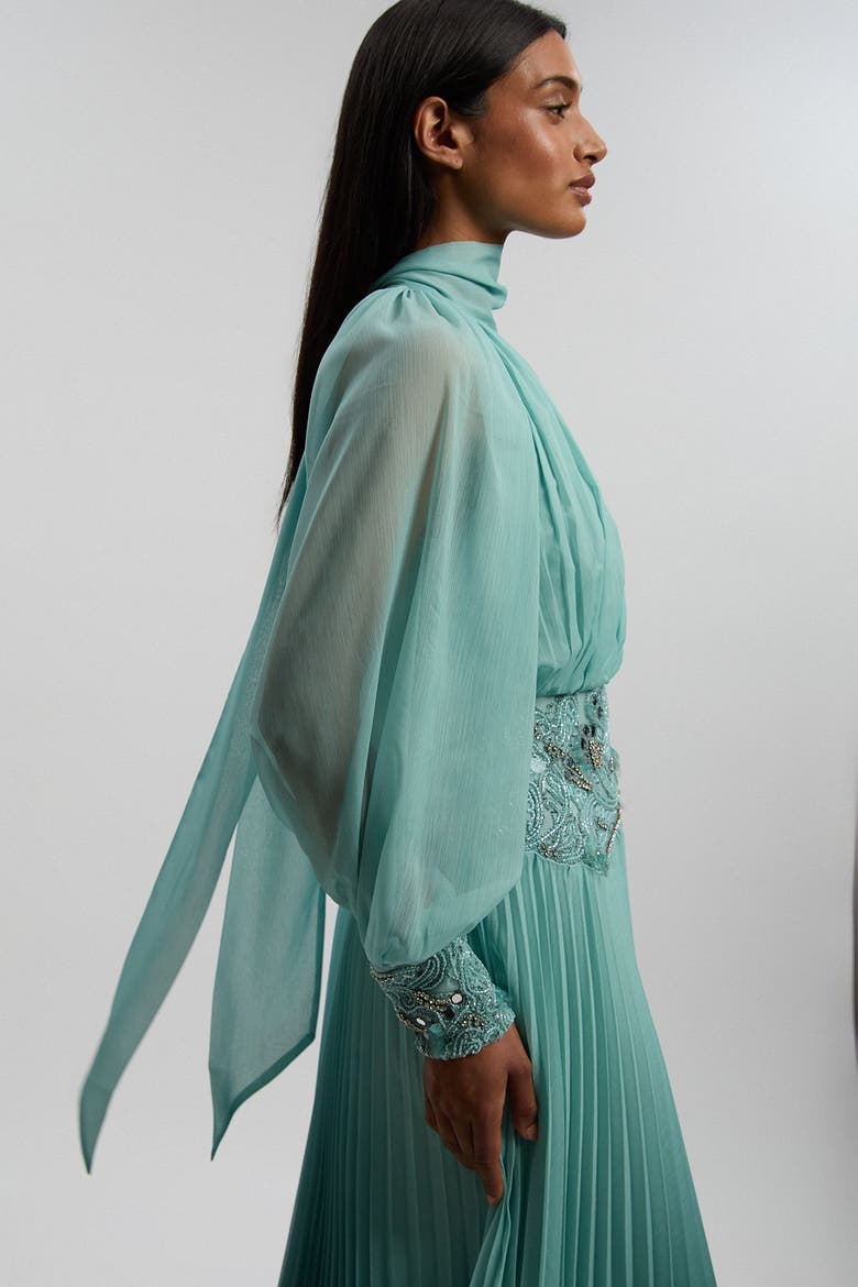 Long Sleeve High Neck Pleated Maxi Dress, Alternate, color, Green