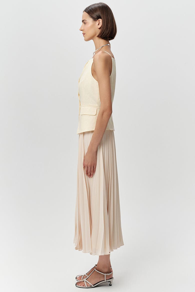 Angeletta Sleeveless Linen Trim Pleated Midi Dress, Alternate, color, Beige