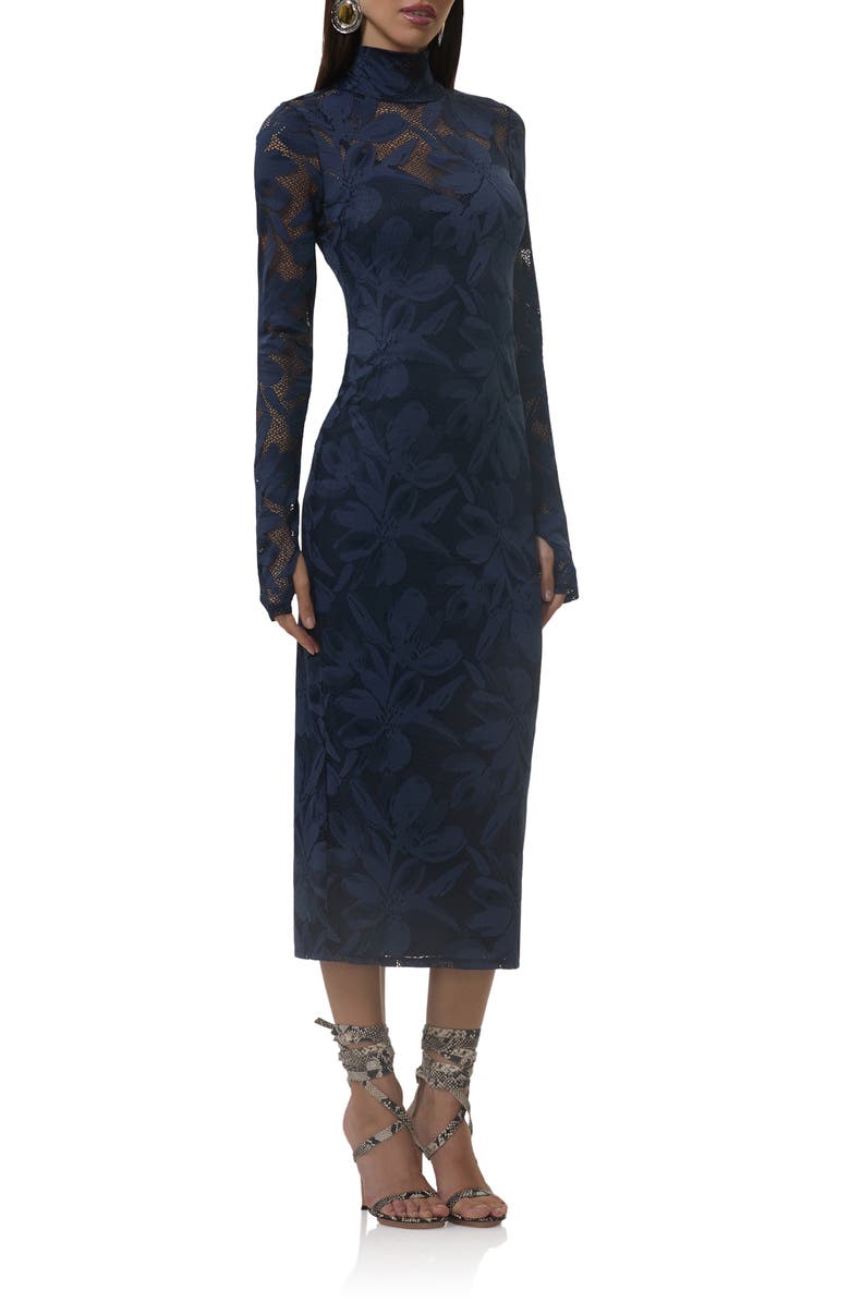 AFRM Shailene Long Sleeve Turtleneck Floral Lace Dress, Alternate, color, Black Iris