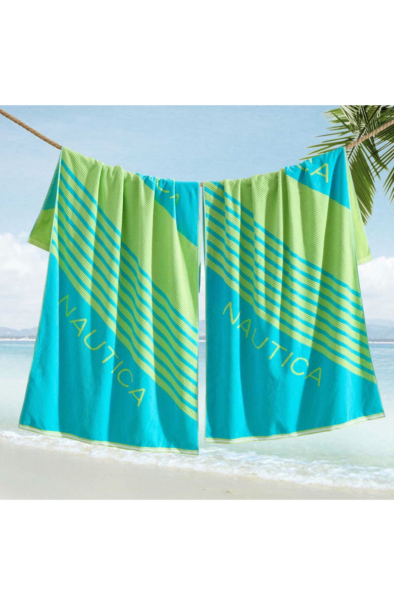 Nautica Set of 2 Cotton Blend Terry Beach Towels, Alternate, color, Bright Blue