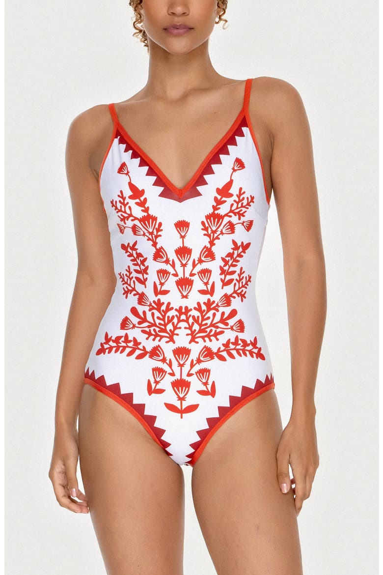 Red Coral Reversible V-Neck One-Piece Swimsuit, Main, color, Red