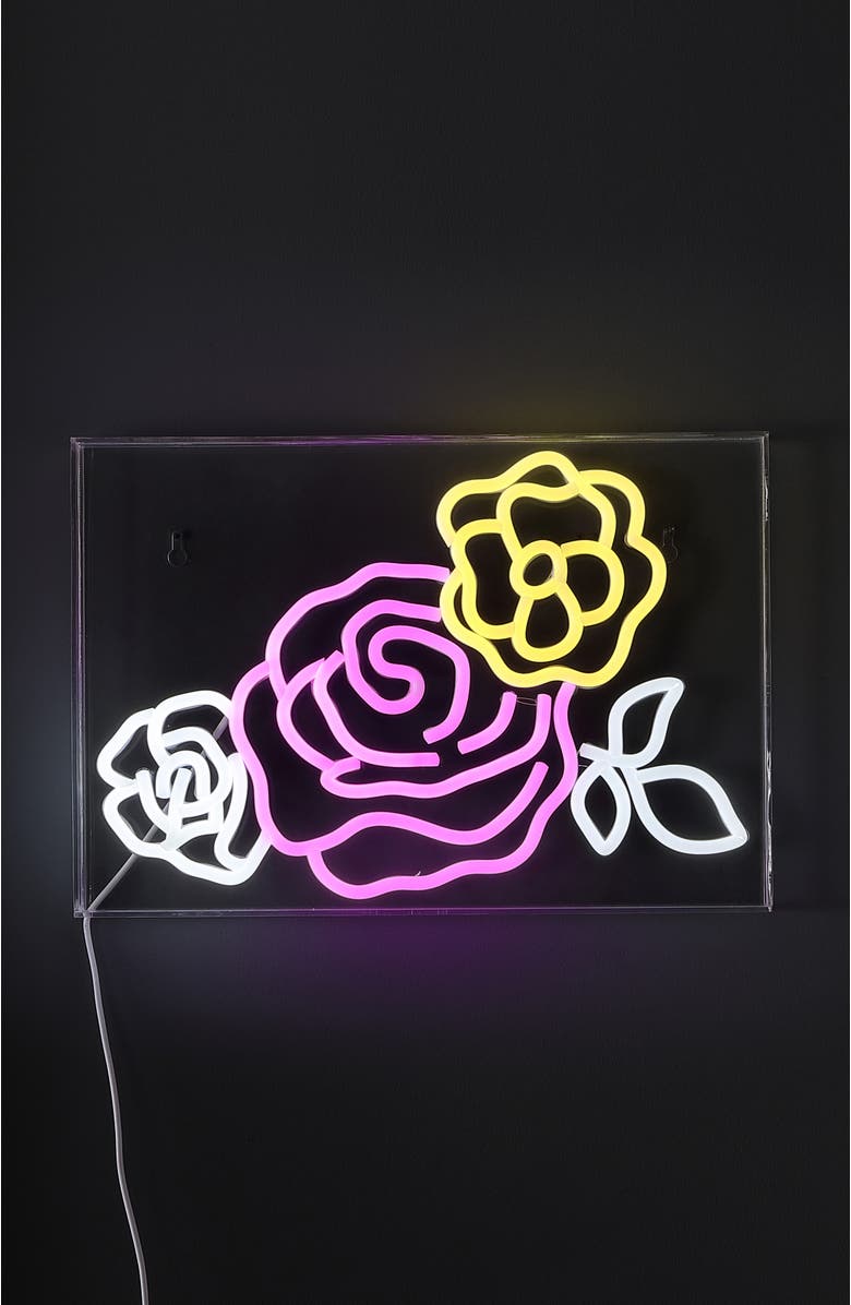 JONATHAN Y Crowd Of Roses 15" X 10.3" Contemporary Glam Acrylic Box USB Operated LED Neon Light, Pink/White/Yellow, Alternate, color, Pink/White/Yellow