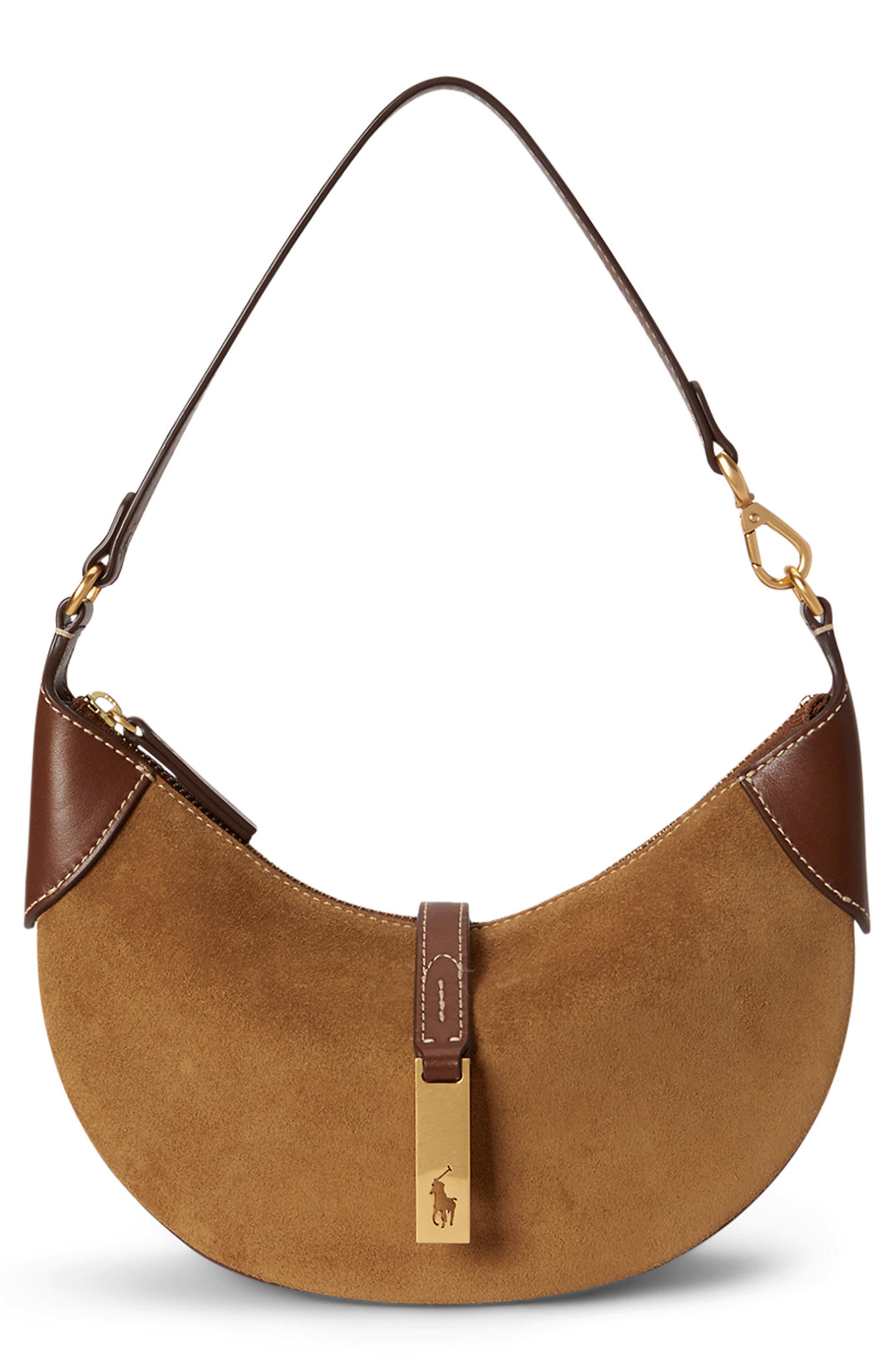 Polo ID Mini Suede & Leather Shoulder Bag, Main, color, CLAY/ TOBACCO