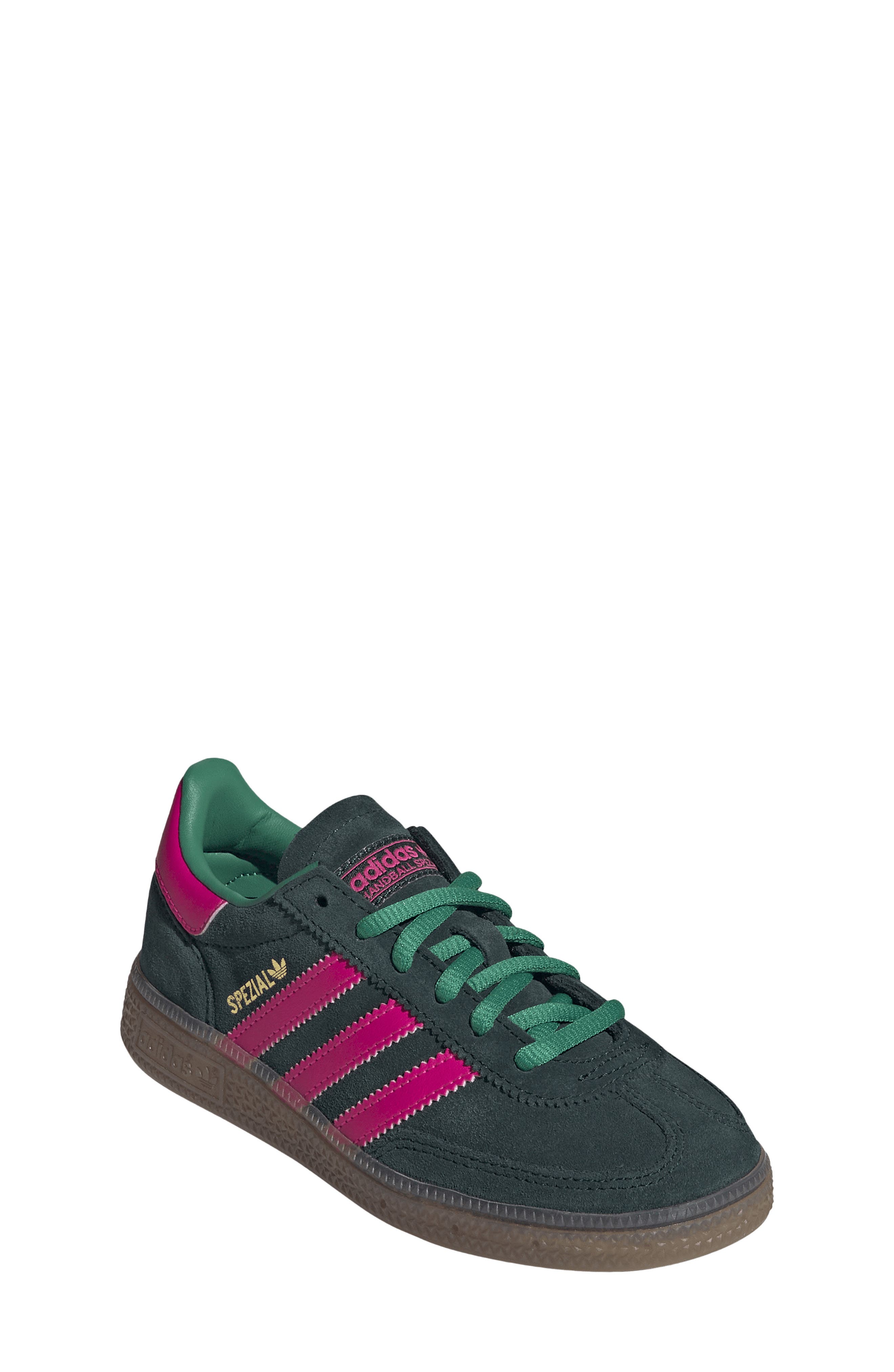 adidas Kids' Handball Spezial Sneaker, Main, color, Aurora Ivy/ Shock Pink/ Gum5