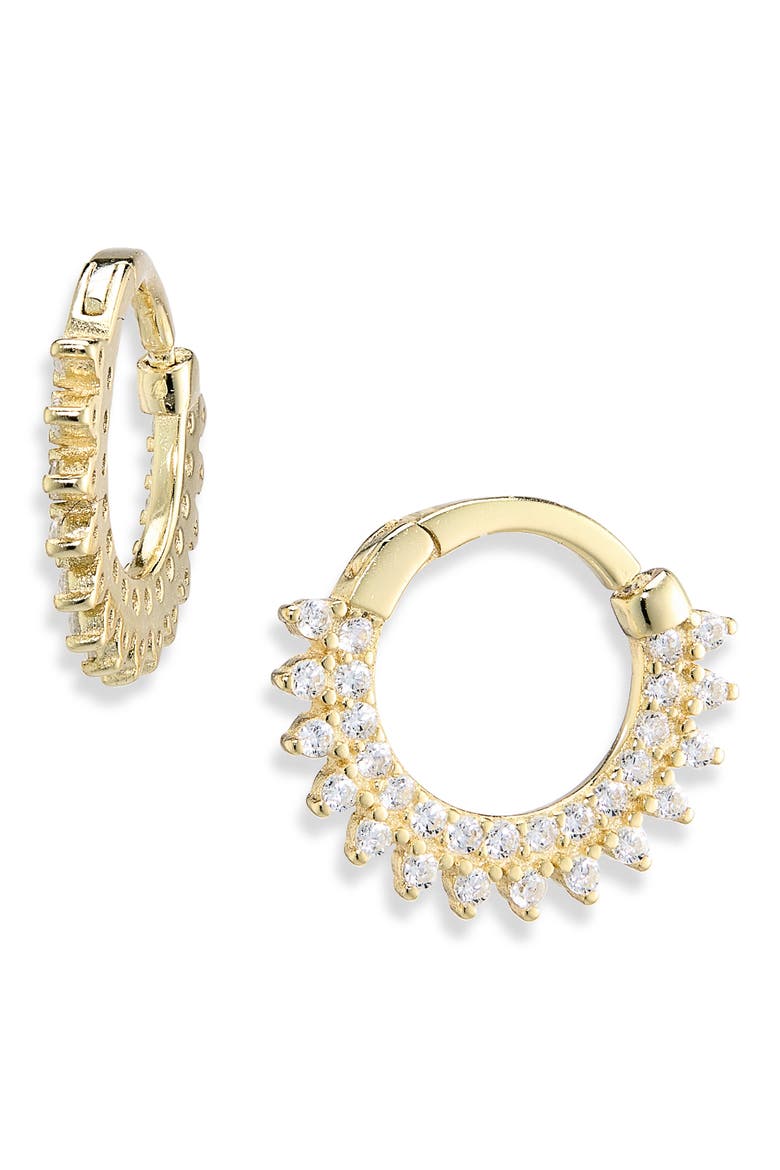 Cubic Zirconia Sunburst Huggie Hoop Earrings, Main, color, GOLD