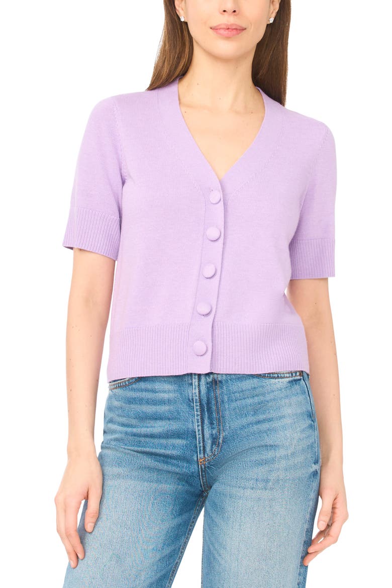 Covered Button Short Sleeve Cardigan, Main, color, FRENCH LAVENDER