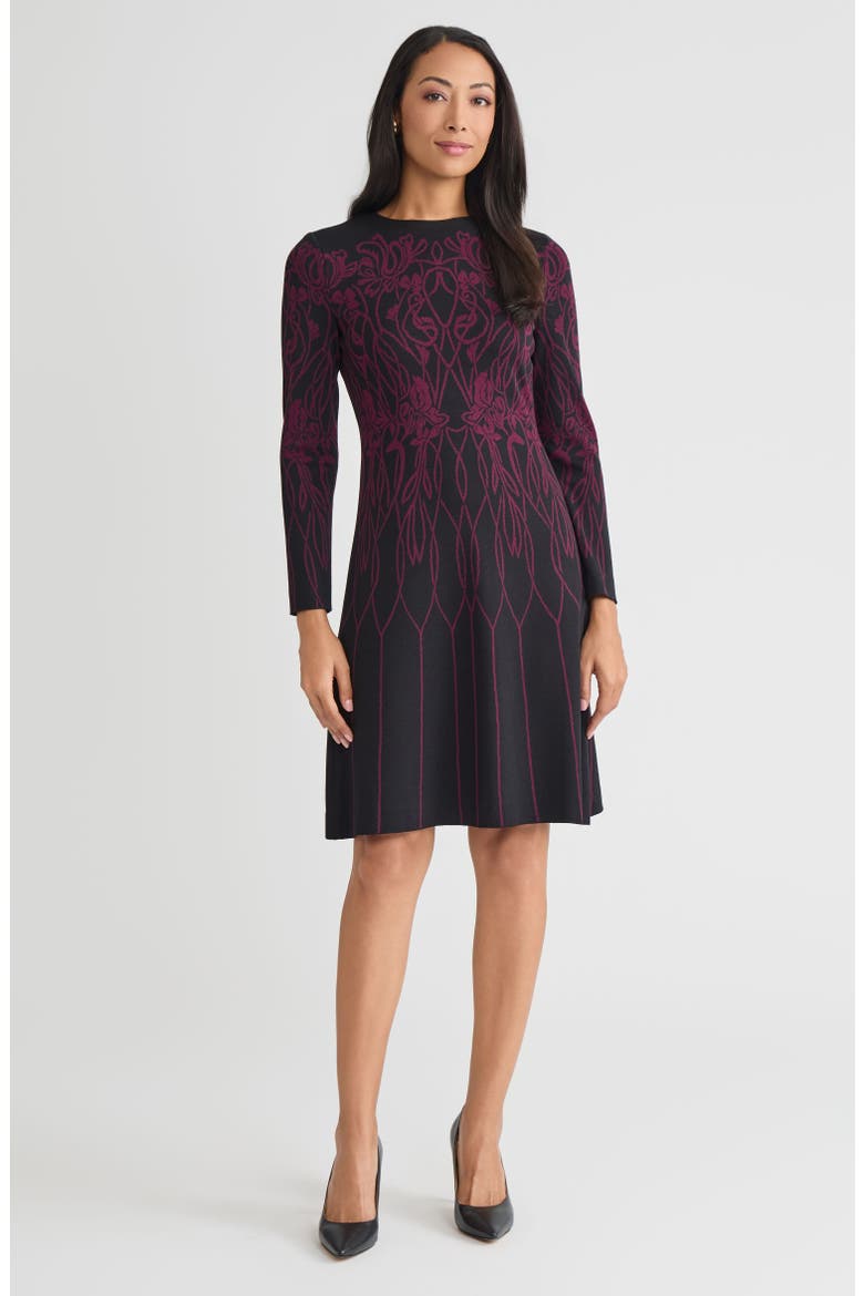 Flared Floral Jacquard Soft Knit Dress, Main, color, Black/Midnight Violet