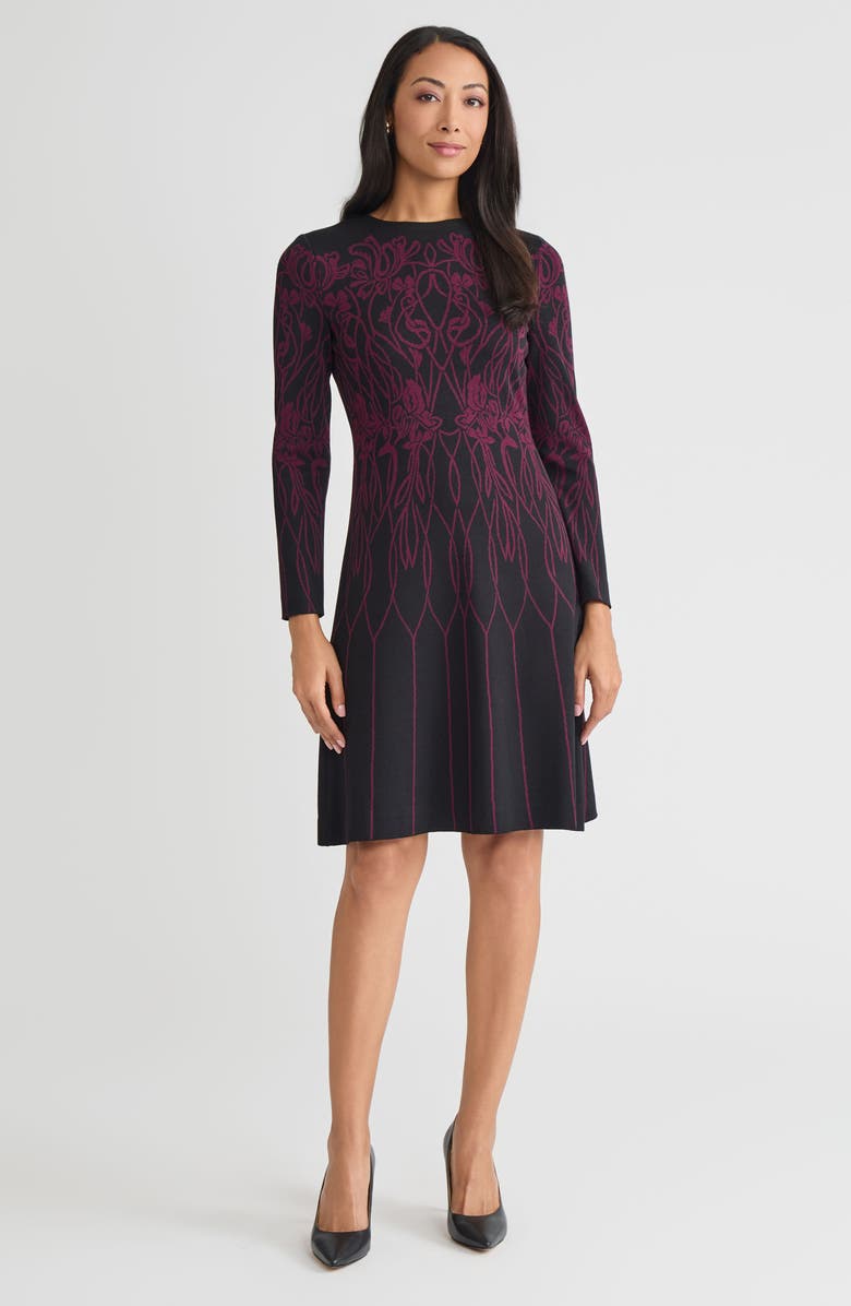 Ming Wang Flared Floral Jacquard Soft Knit Dress, Main, color, Black/Midnight Violet