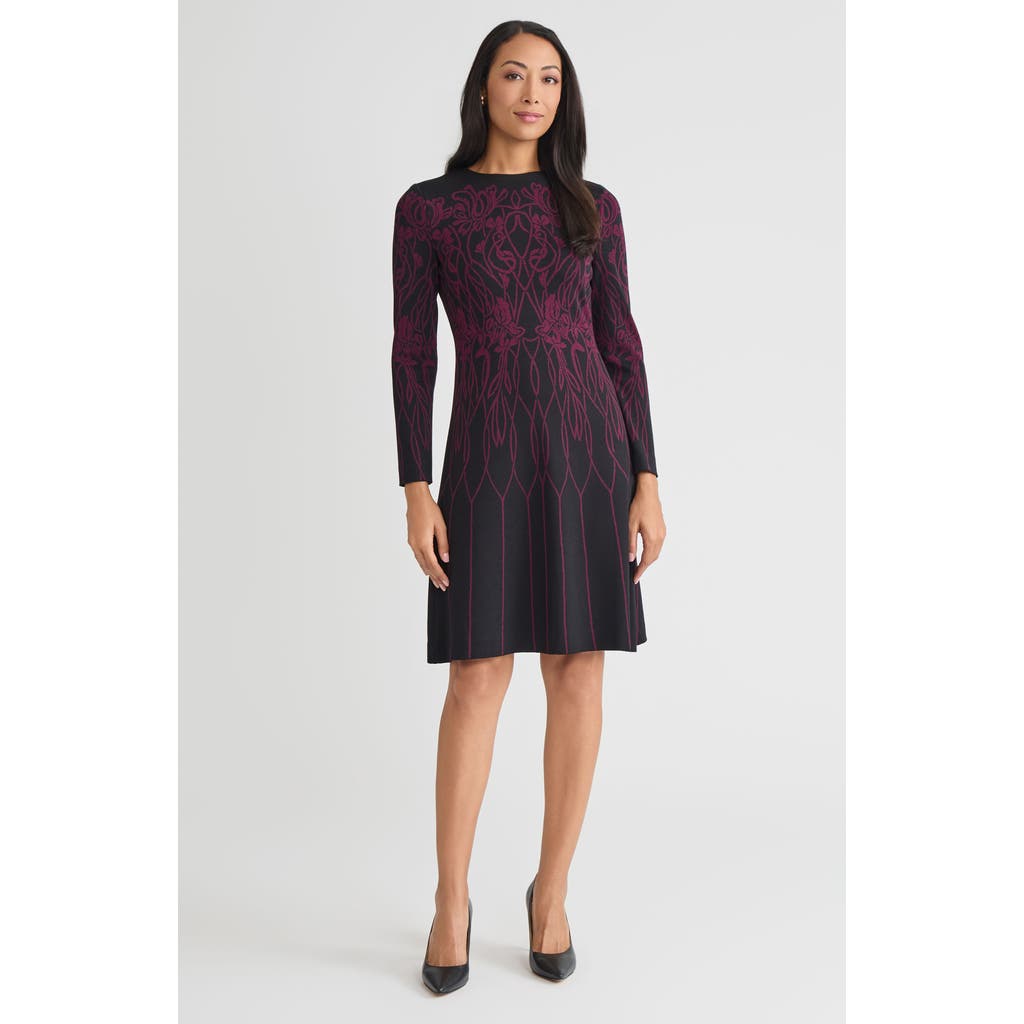Ming Wang Flared Floral Jacquard Soft Knit Dress In Purple