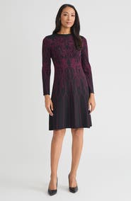 Ming Wang Flared Floral Jacquard Soft Knit Dress