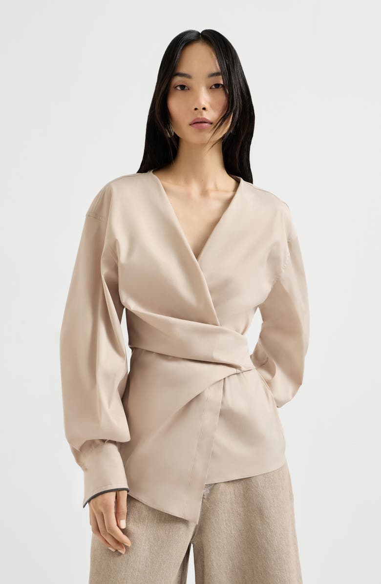 Brunello Cucinelli Stretch poplin shirt with monili, Main, color, Beige