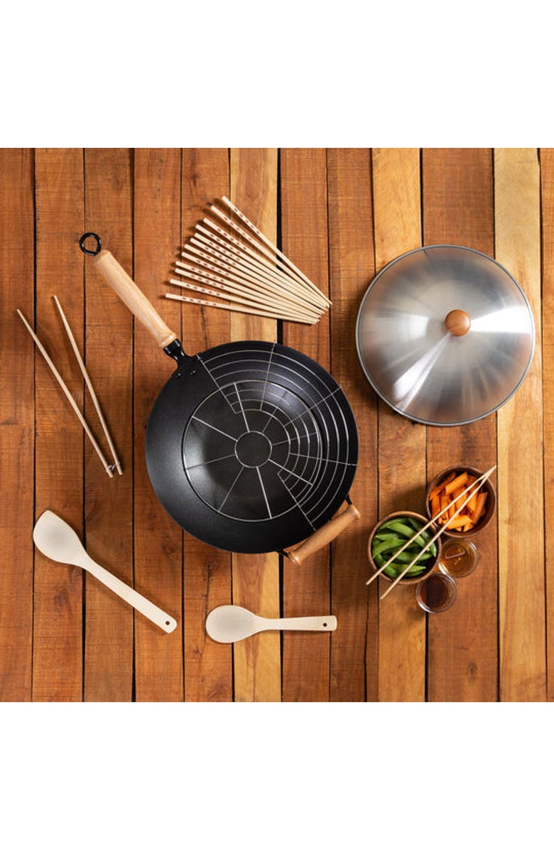 JOYCE CHEN Carbon Steel Ceramic Nonstick Flat Bottom Wok Set with Lid and Maple Handles, 10 Pieces, Alternate, color, Black