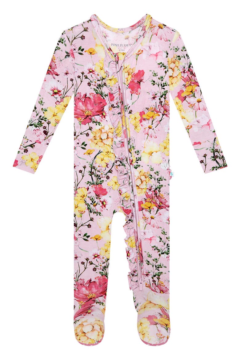 Gaia Ruffled Fitted Footie Pajamas, Main, color, BRIGHT PINK