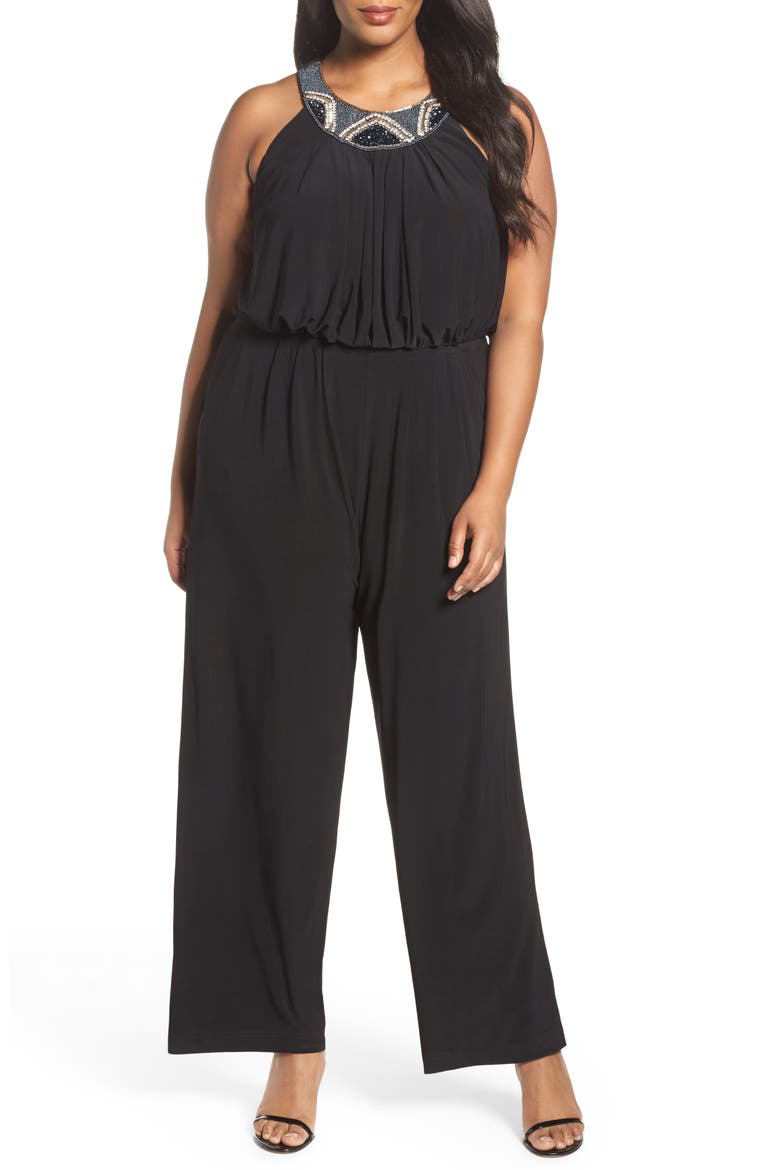 Embellished Wide Leg Jersey Jumpsuit, Main, color, BLACK