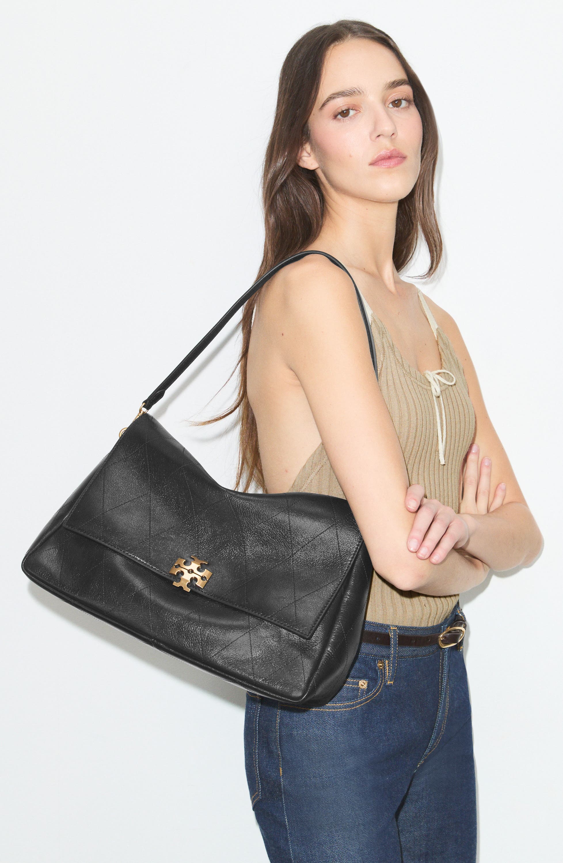 Tory Burch Large Charlie Leather Shoulder Bag, Alternate, color, 