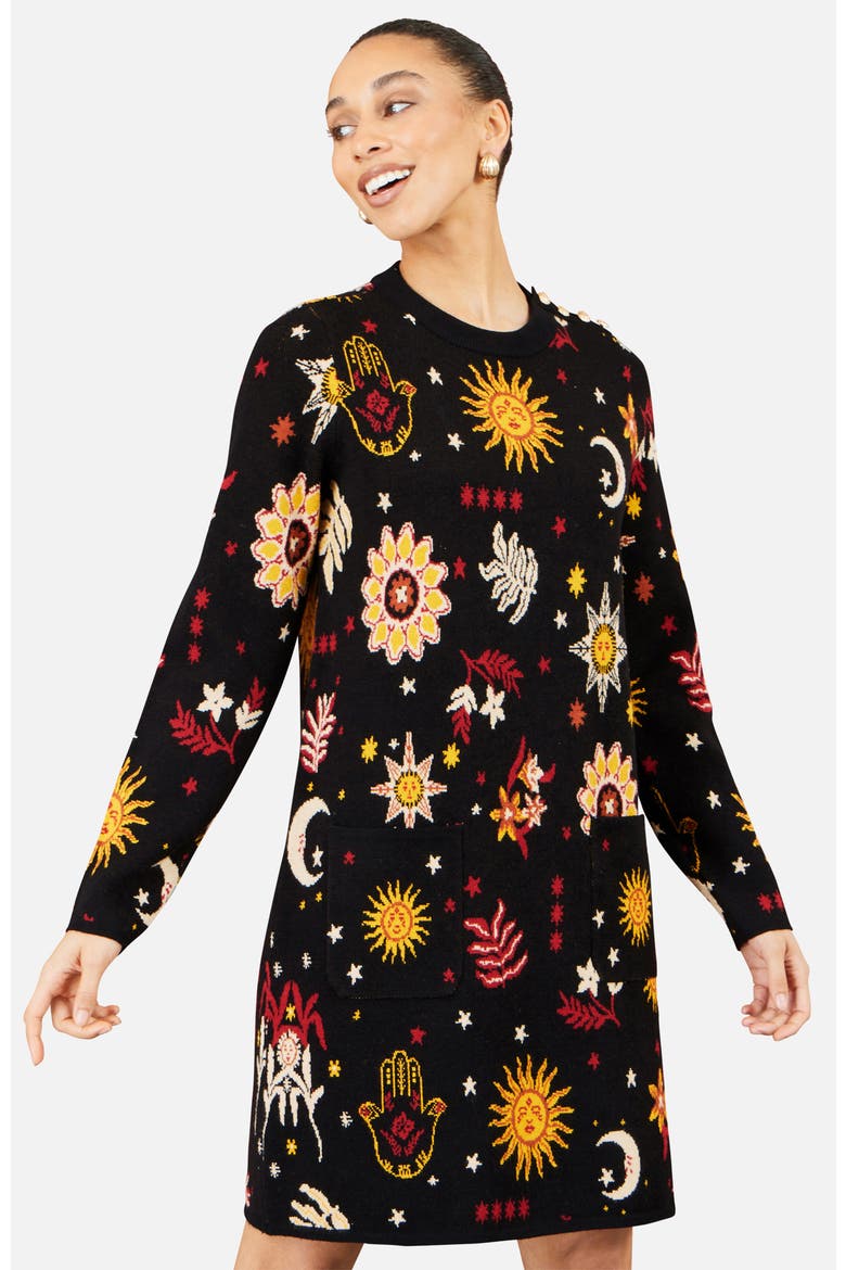 Cosmic Intarsia Knitted Dress, Alternate, color, Black