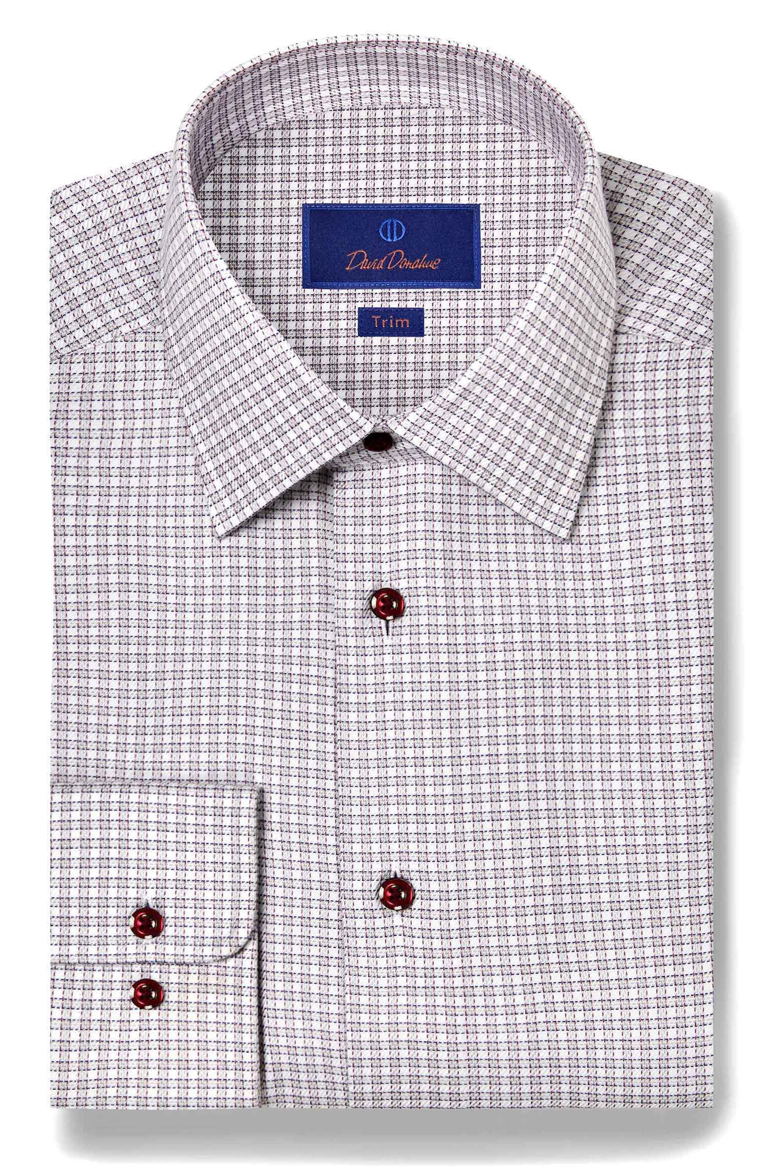 David Donahue Trim Fit Textured Twill Check Dress Shirt in Gray/Berry 
