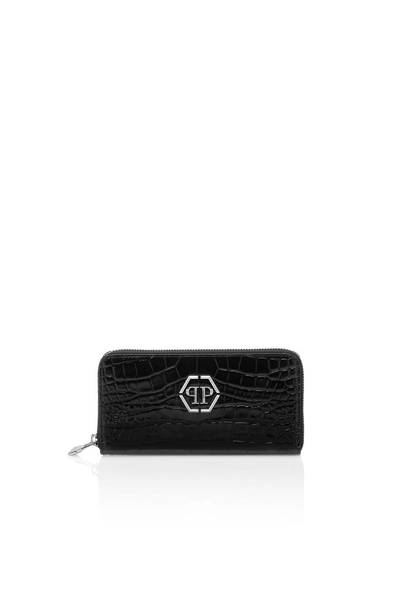 Croco Embossed Round Zip Wallet Women, Main, color, black